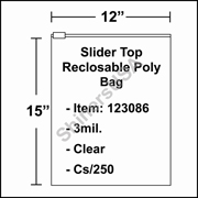 3 mil Slider Top Reclosable Poly Bag 12" x 15" Clear cs/250