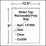 3 mil Slider Top Reclosable Poly Bag 12.5" x 9" Clear cs/250