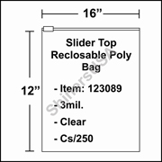 3 mil Slider Top Reclosable Poly Bag 16" x 12" Clear cs/250