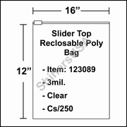 3 mil Slider Top Reclosable Poly Bag 16" x 12" Clear cs/250