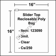 3 mil Slider Top Reclosable Poly Bag 16" x 16" Clear cs/250