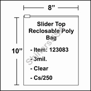 3 mil Slider Top Reclosable Poly Bag 8" x 10" Clear cs/250