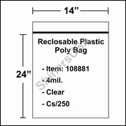 4 mil Reclosable Plastic Poly Bag 14" x 24" Clear cs/250