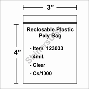 4 mil Reclosable Plastic Poly Bag 3" x 4" Clear cs/1000