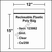 6 mil Reclosable Plastic Poly Bag 12" x 15" Clear cs/250