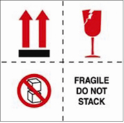 4x4"Fragile Do Not Stack (boxes / arrows / broken glass) Label rl/500